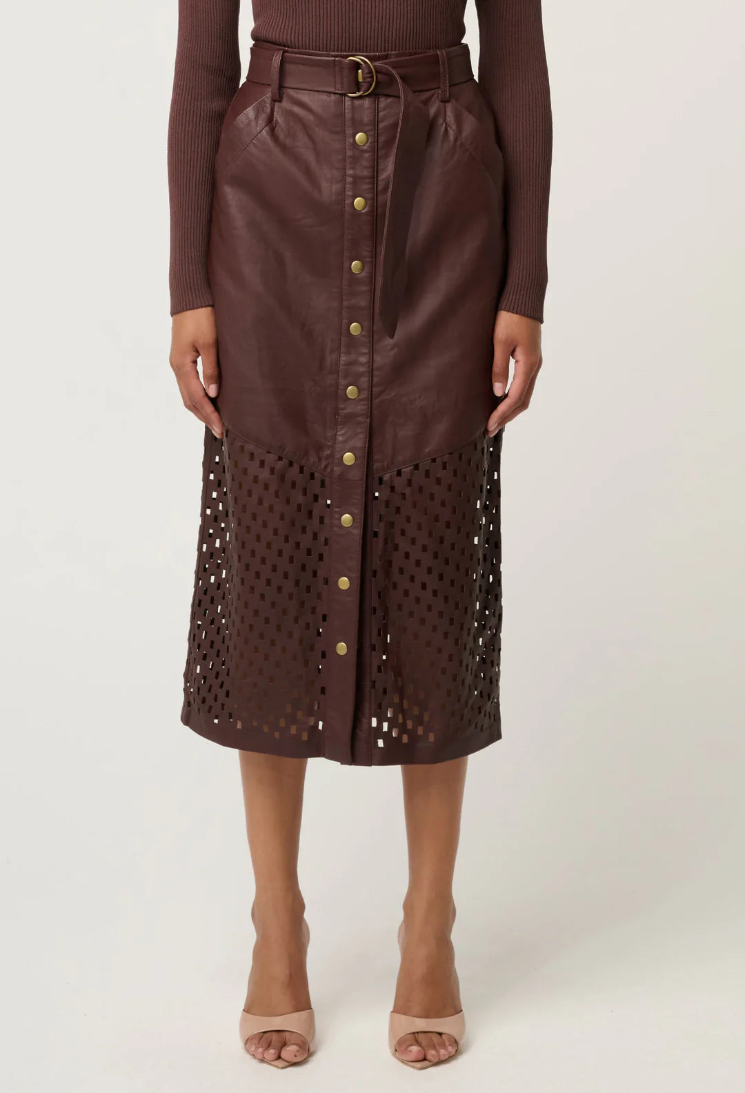 Once Was | Hypnotic Leather Laser Midi Skirt | Oxblood