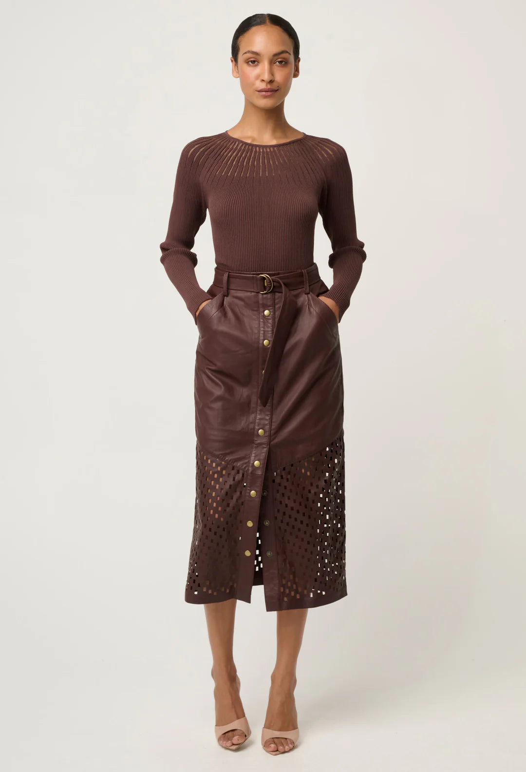 Once Was | Hypnotic Leather Laser Midi Skirt | Oxblood
