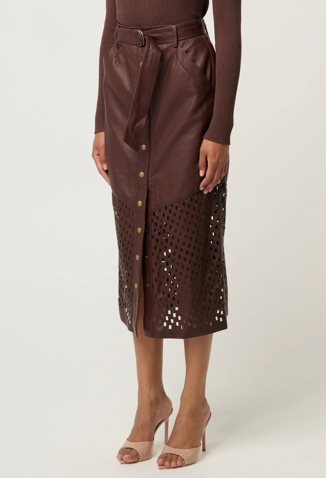 Once Was | Hypnotic Leather Laser Midi Skirt | Oxblood