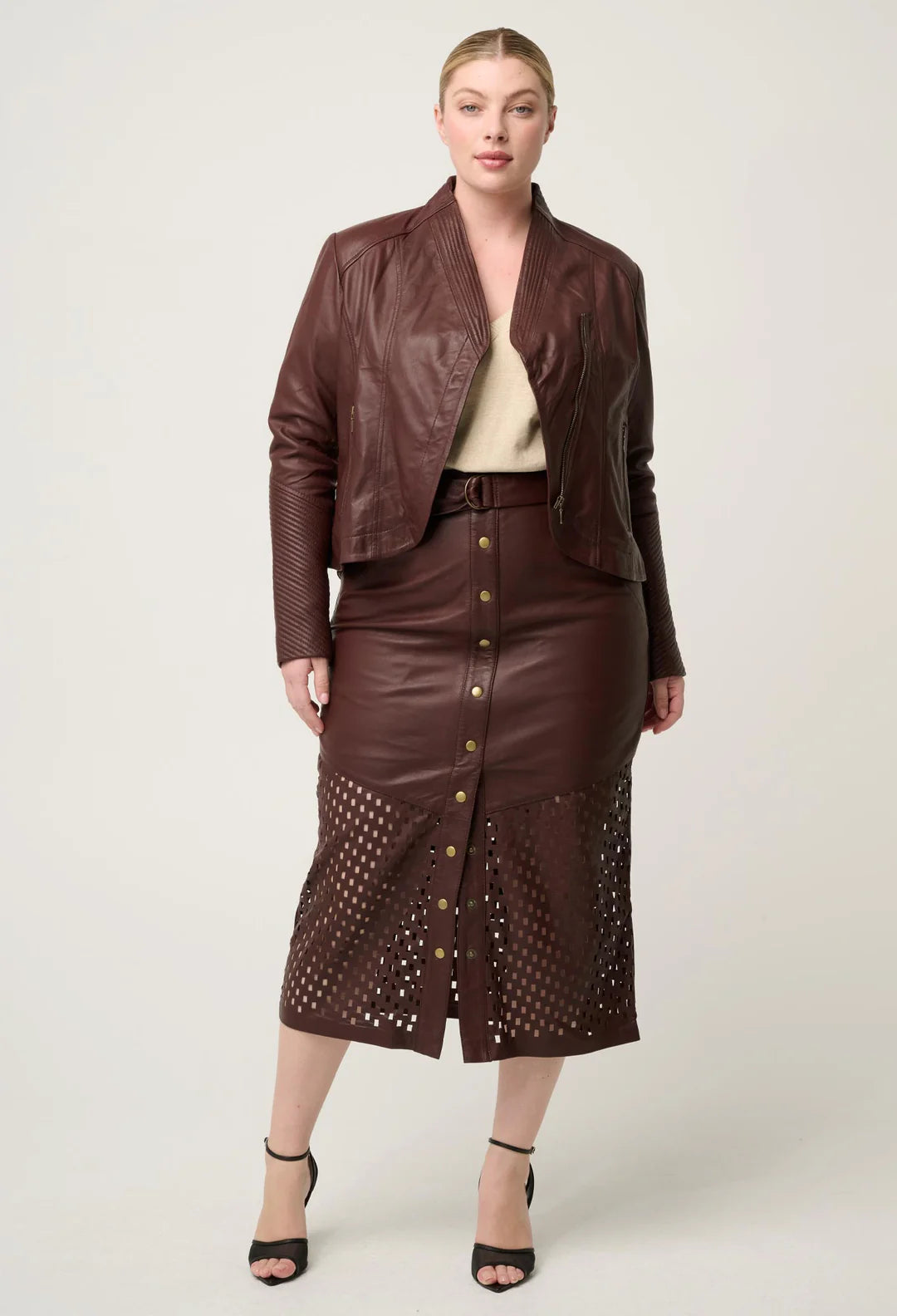 Once Was | Hypnotic Leather Laser Midi Skirt | Oxblood