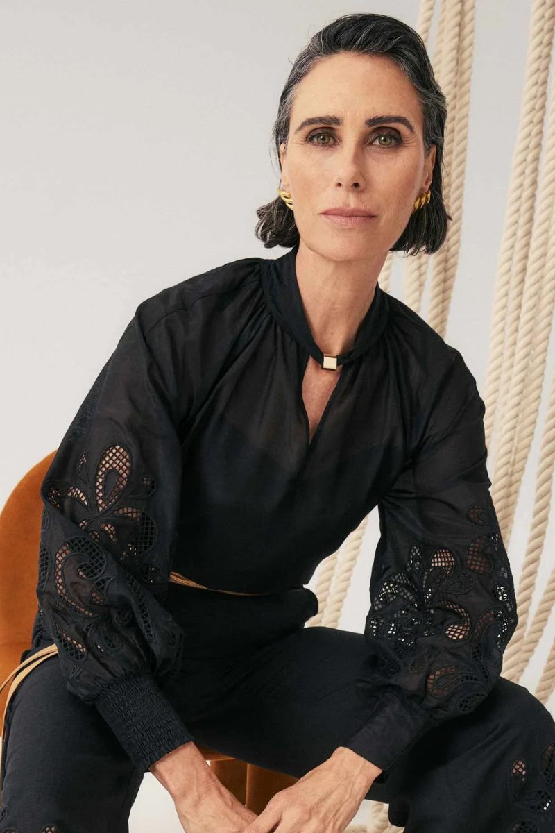 Once Was | Simona Cotton Silk Embroidered Blouse | Black