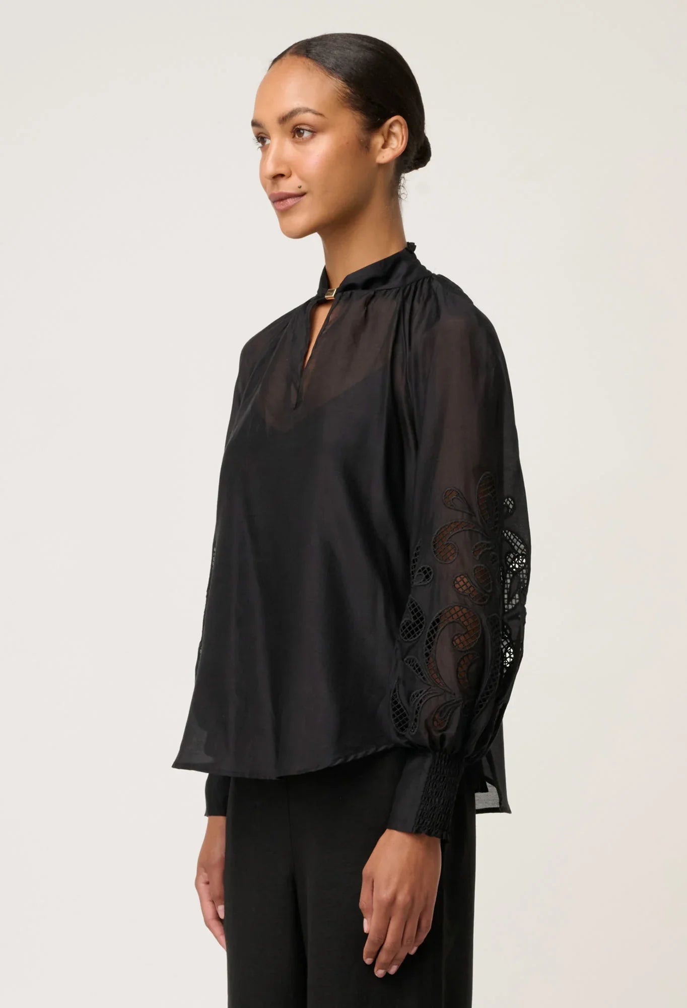 Once Was | Simona Cotton Silk Embroidered Blouse | Black