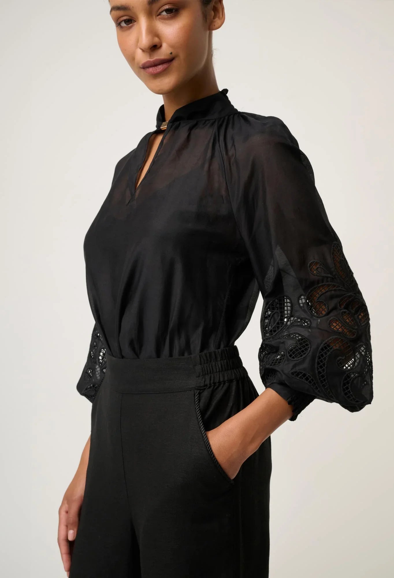 Once Was | Simona Cotton Silk Embroidered Blouse | Black