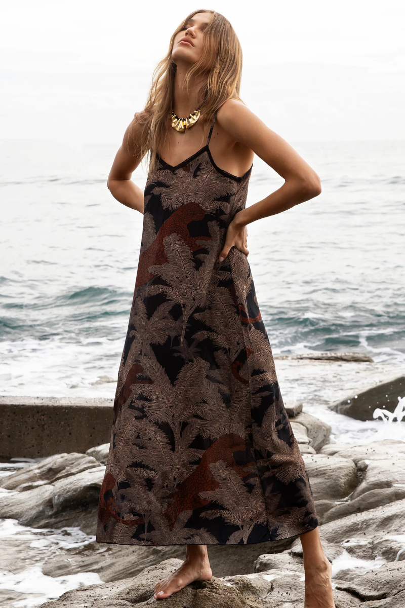 One Season | Antoinette Palm Safari Cotton Viscose Slip | Black/Camel