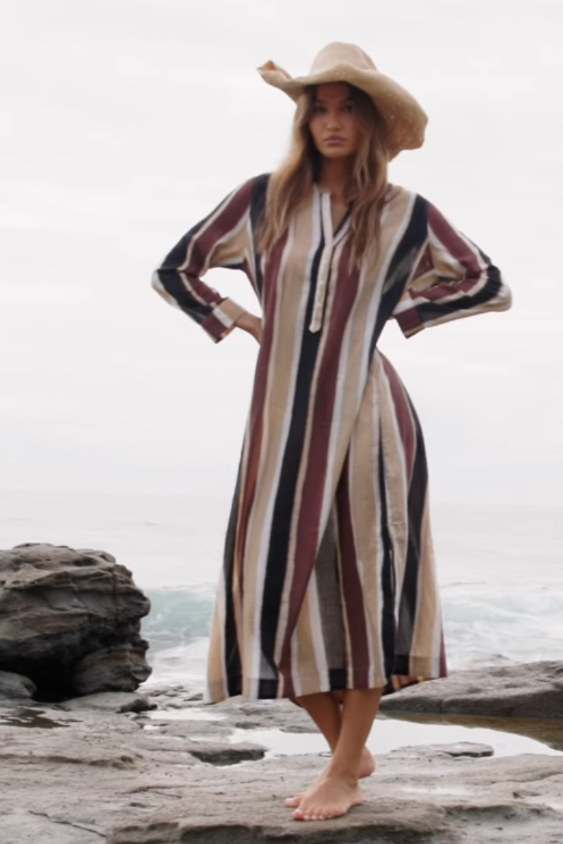 One Season | Bazaar Stripe Cotton Dress | Tan/Chocolate