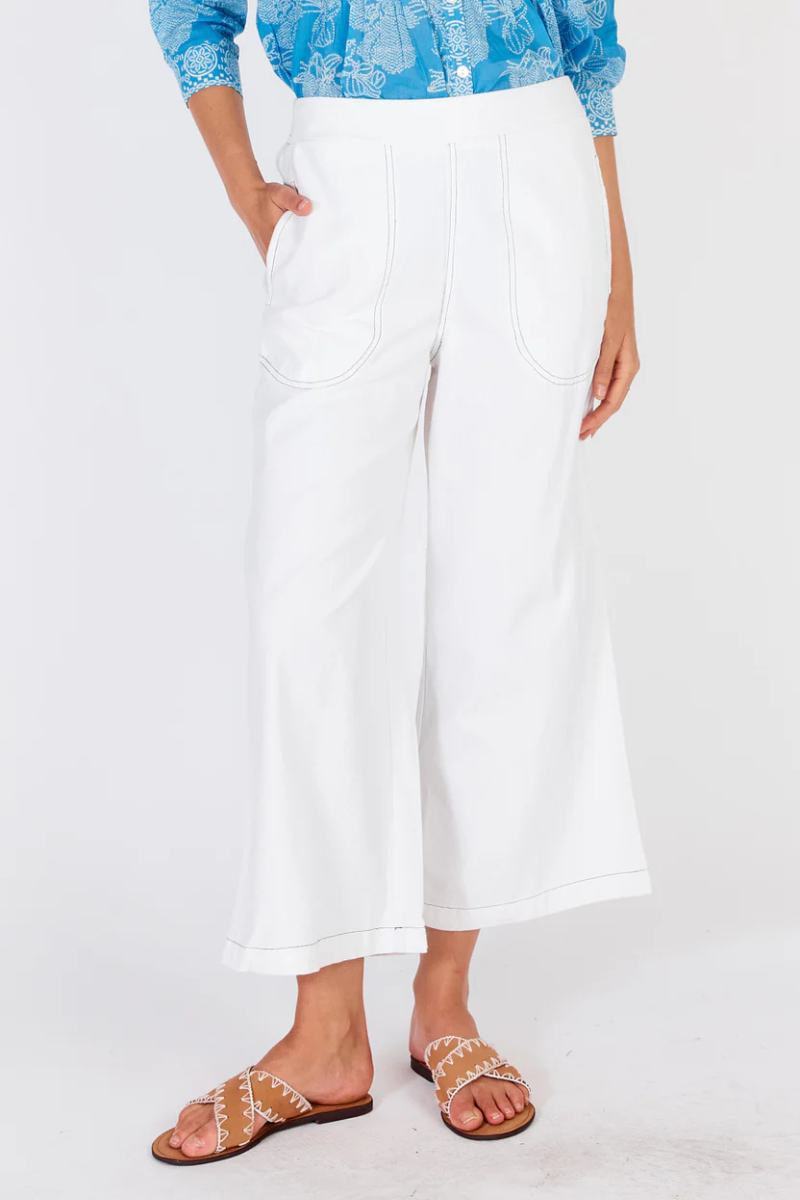Ruby Yaya | Pula Pant with Navy  Stitching | White