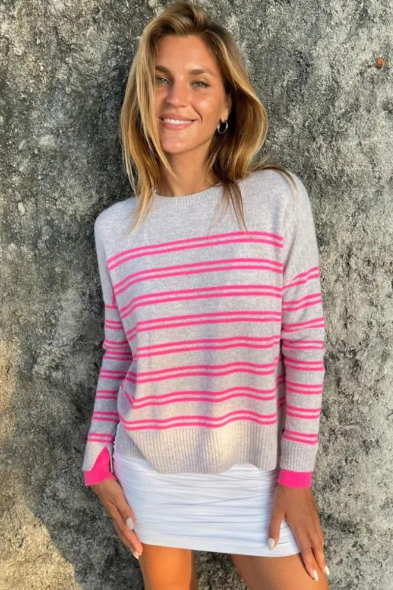 Cute  Stripe Cashmere Sweater - Grey / Pink Stripe