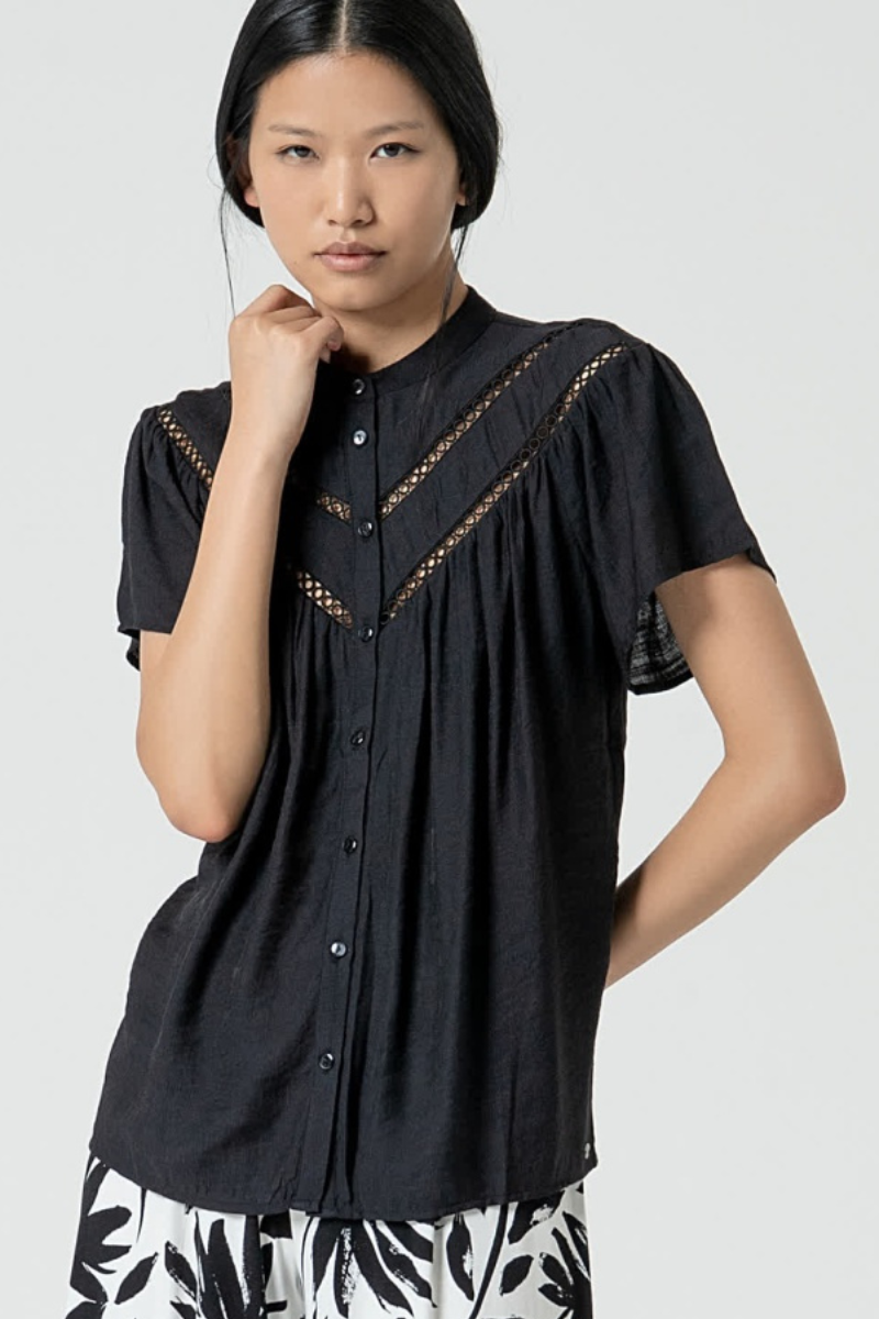 Surkana | Limi Button Through Cap Sleeve Shirt | Black