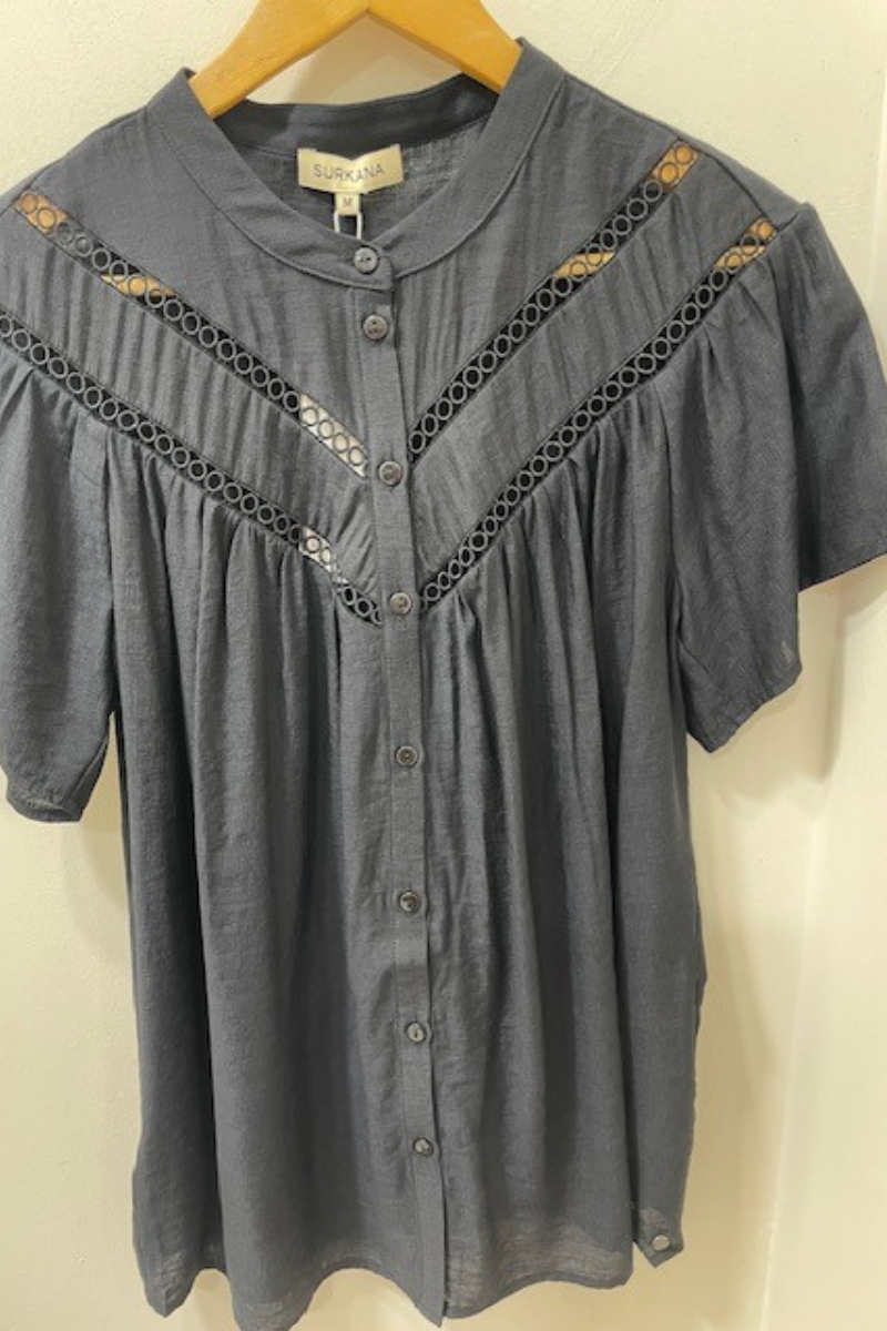 Surkana | Limi Button Through Cap Sleeve Shirt | Black