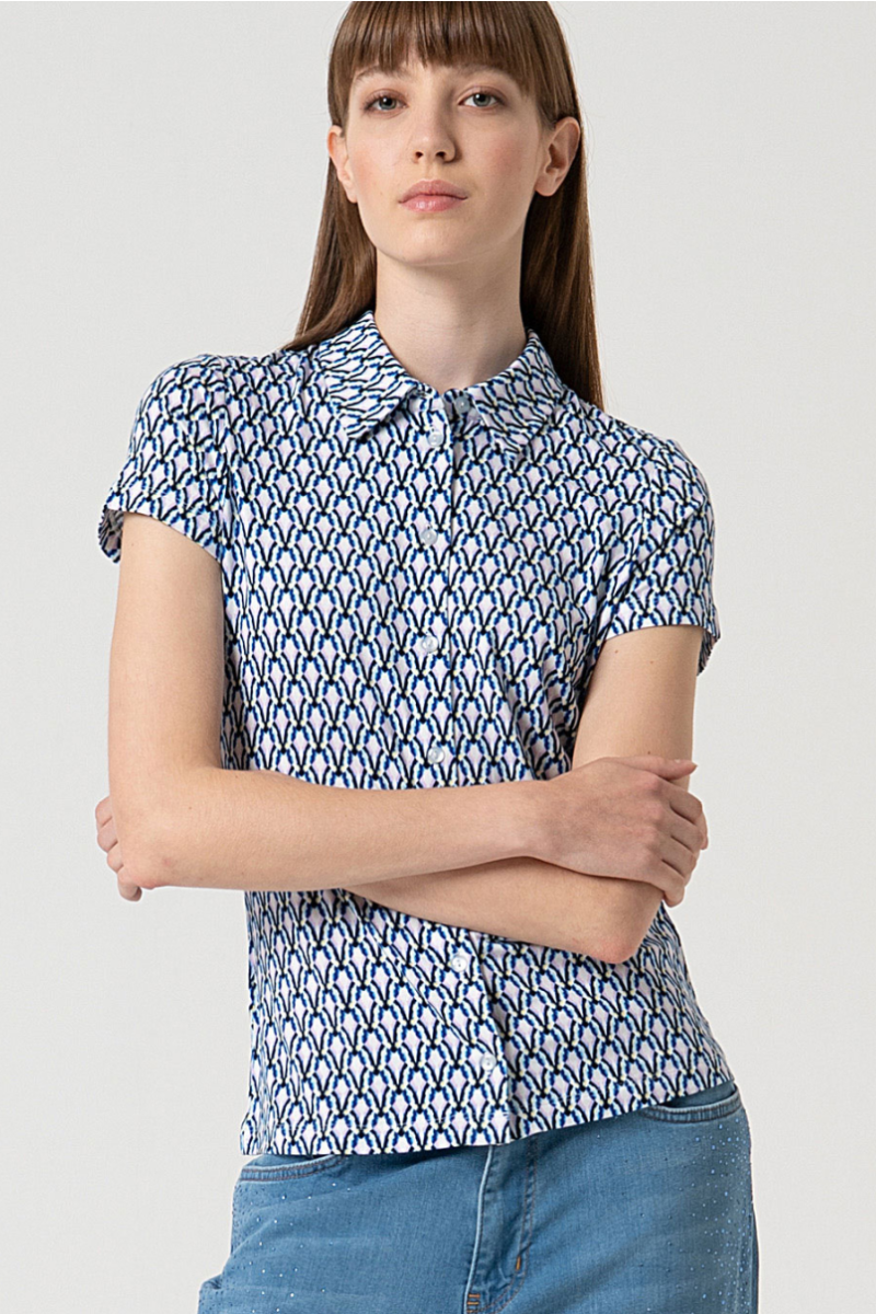 Surkana | Stretch Collared Button Through Top | Blue Multi