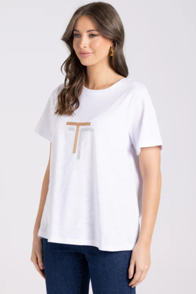Two T's | Crew T-Shirt with Gold/Silver Sequins | White