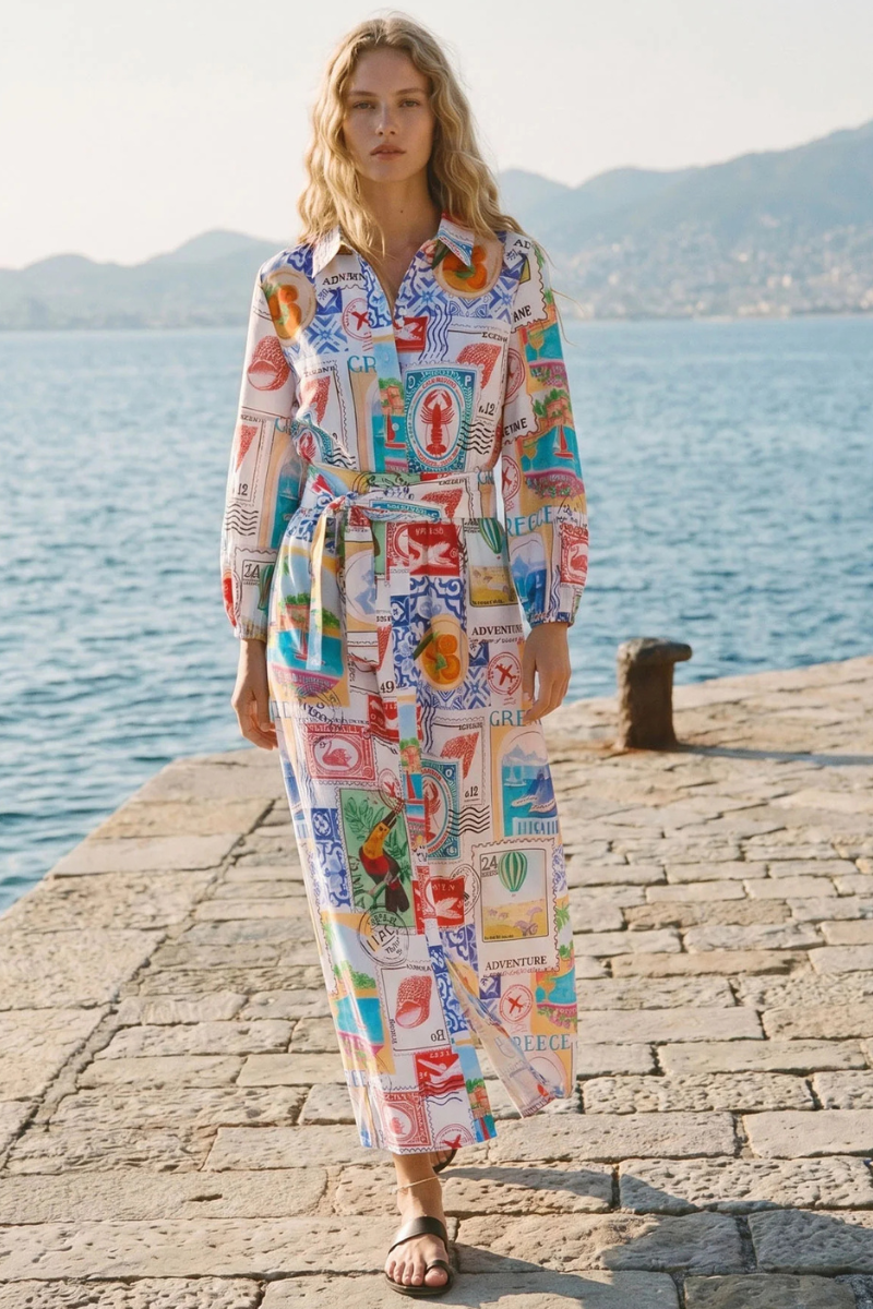 Vilagallo | Alejandra Travel Stamp Print Dress | Multi