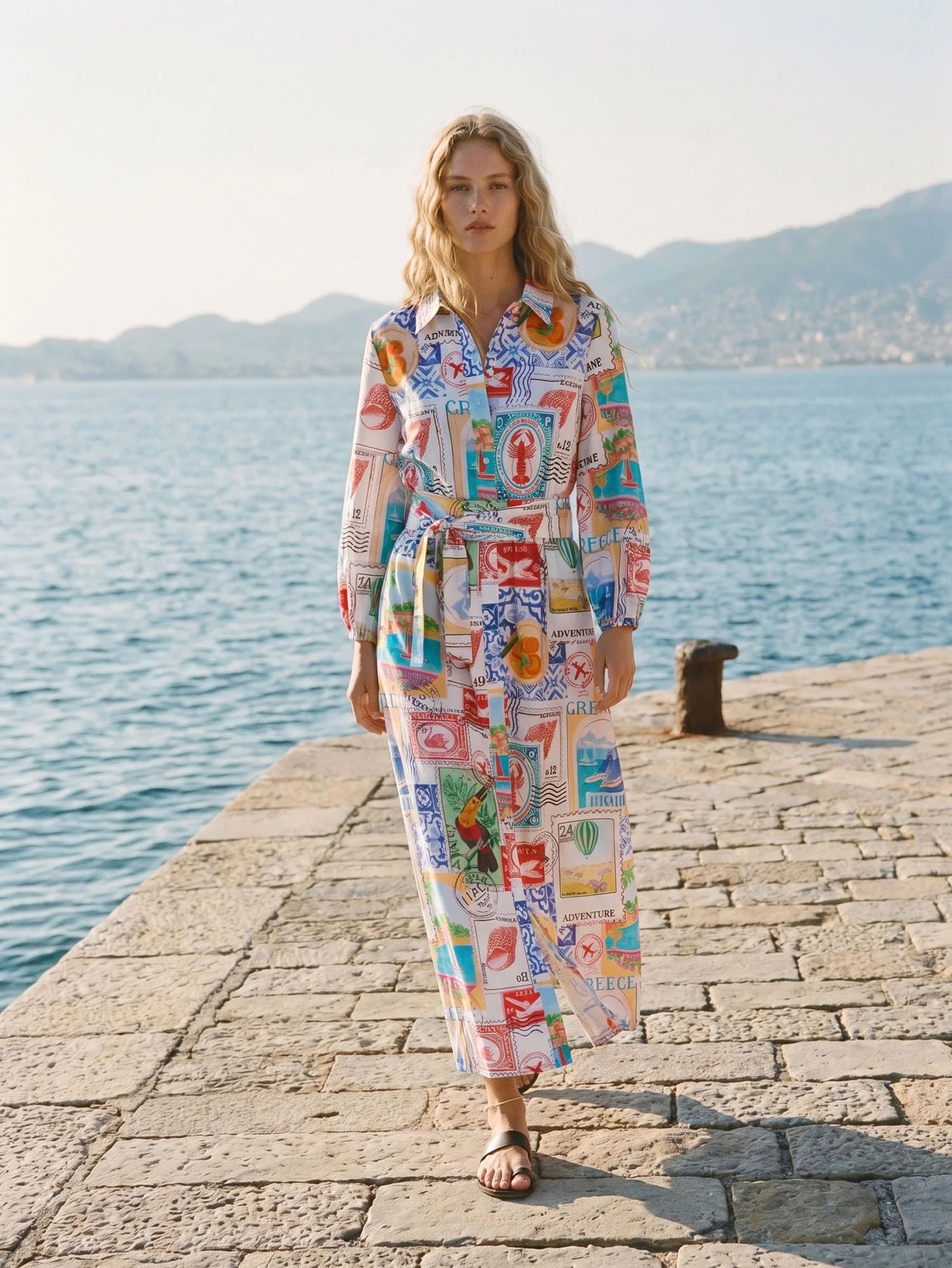 Vilagallo | Alejandra Travel Stamp Print Dress | Multi