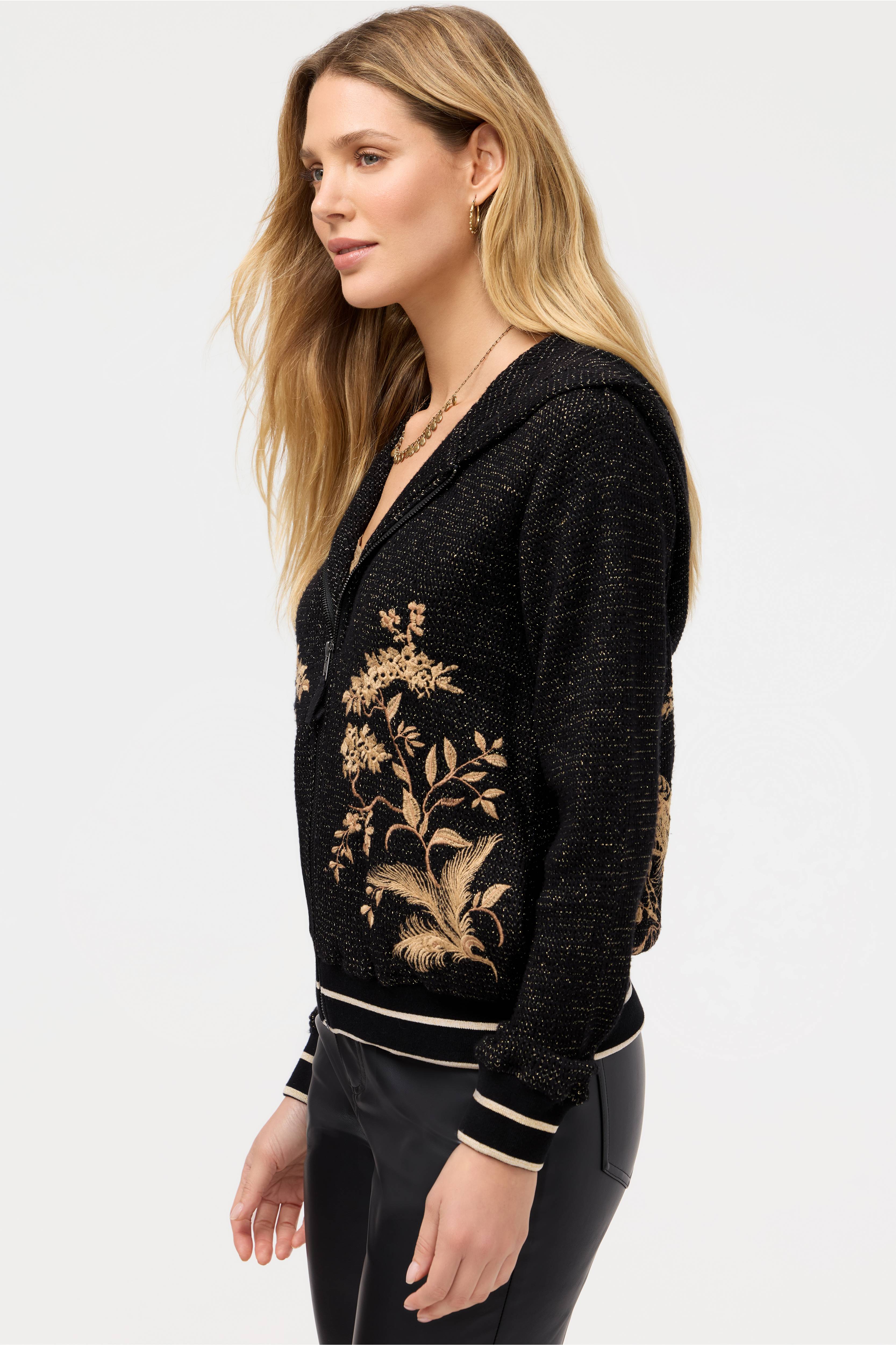Johnny Was | Molly Metallic Thermal Zip Up Hoodie | Black