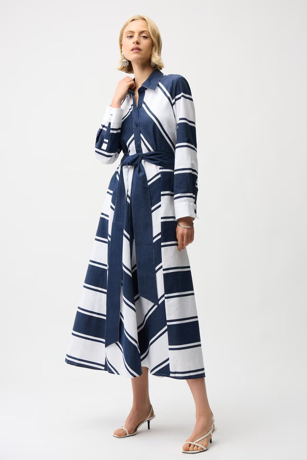 Joseph Ribkoff I Cotton Stripe Flare Stripe Dress I Navy/White