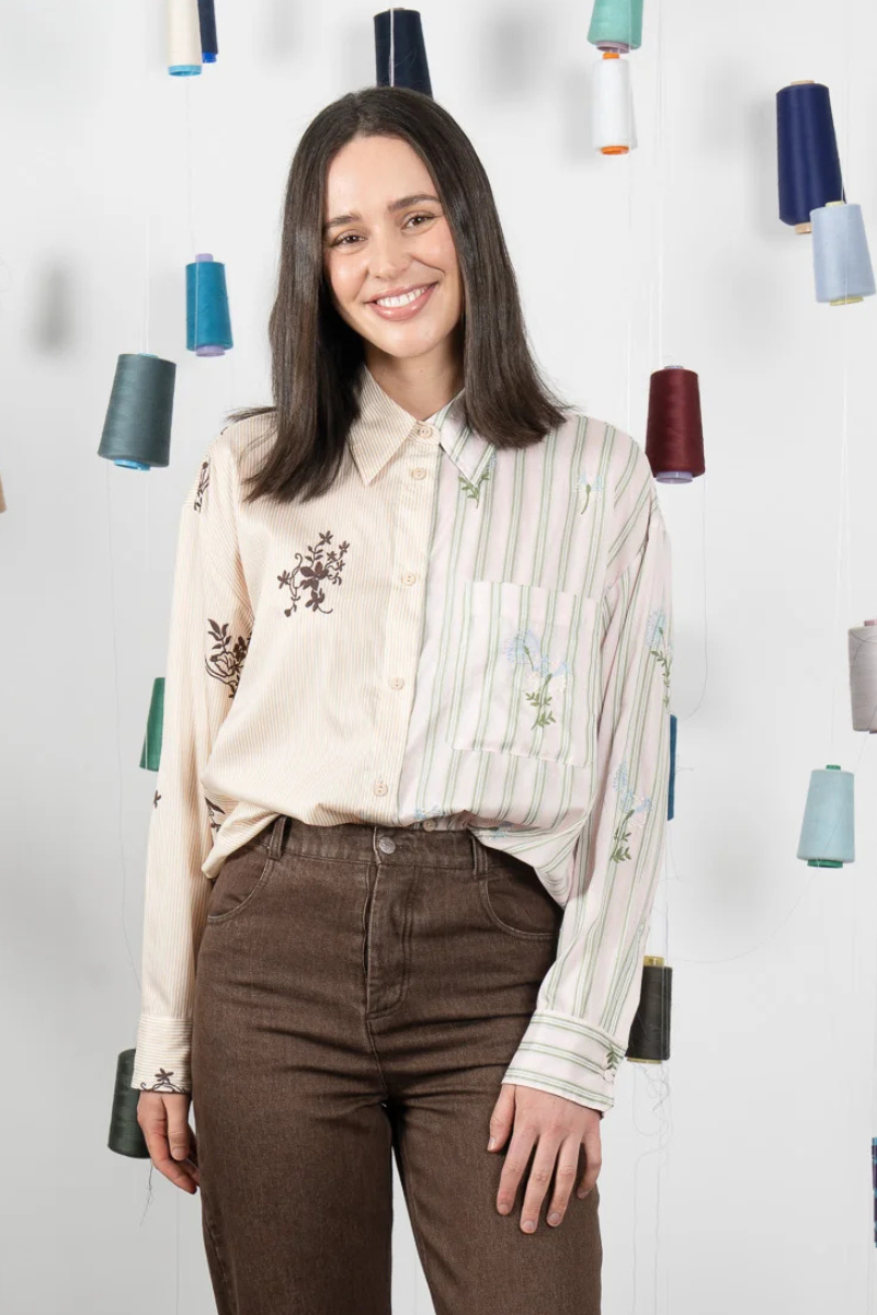 Maud Dainty | Rex Shirt | Tan/Pink Stripe Floral