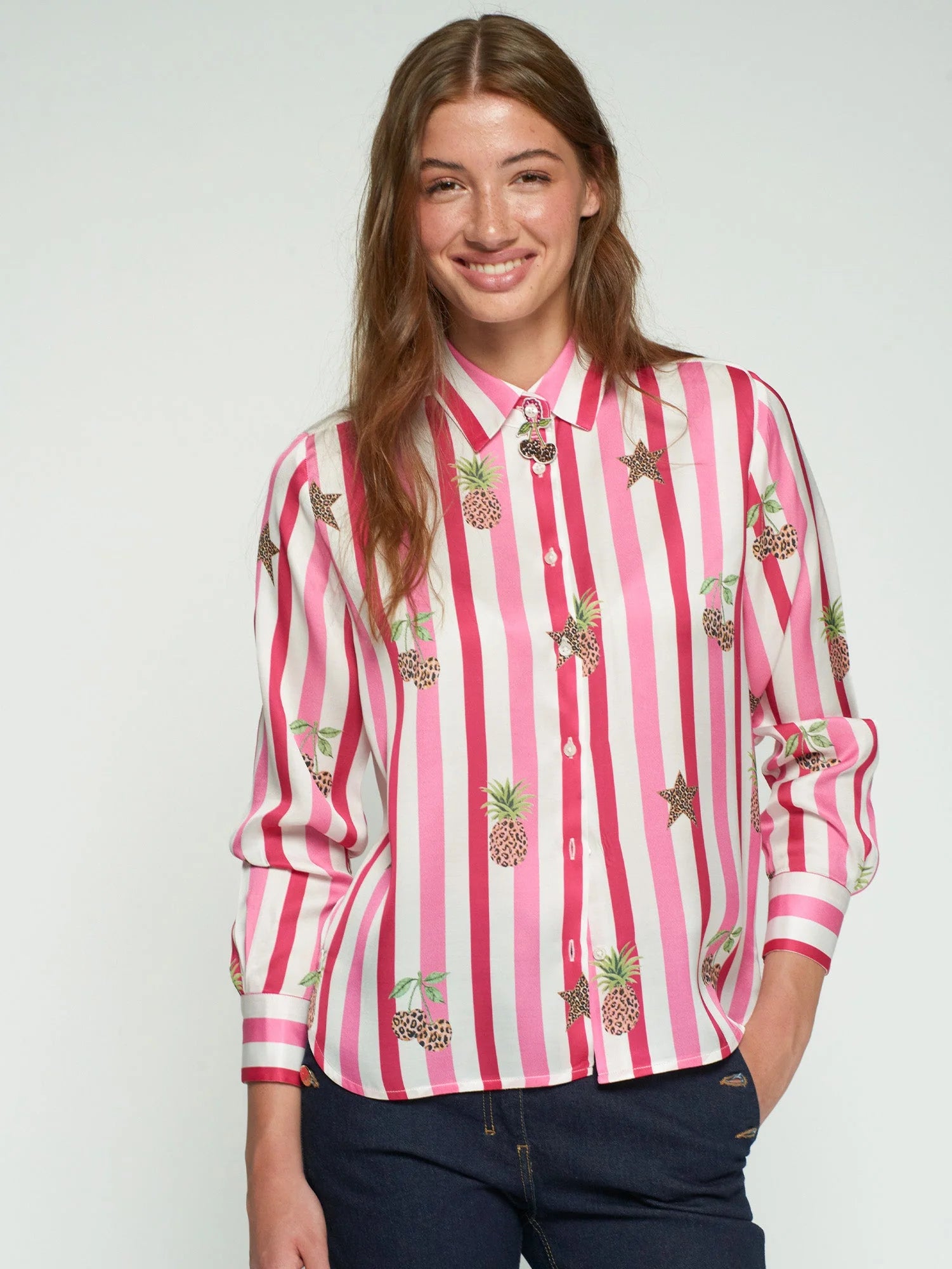 Vilagallo | Isa Cherries Print Shirt | Multi Pink/White